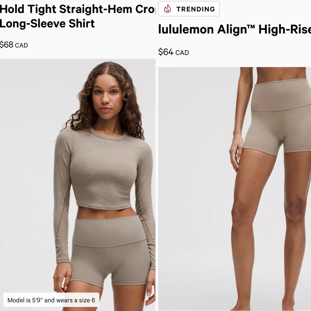 Lululemon Athletica Beige Long-Sleeve Shirt and Shorts Set